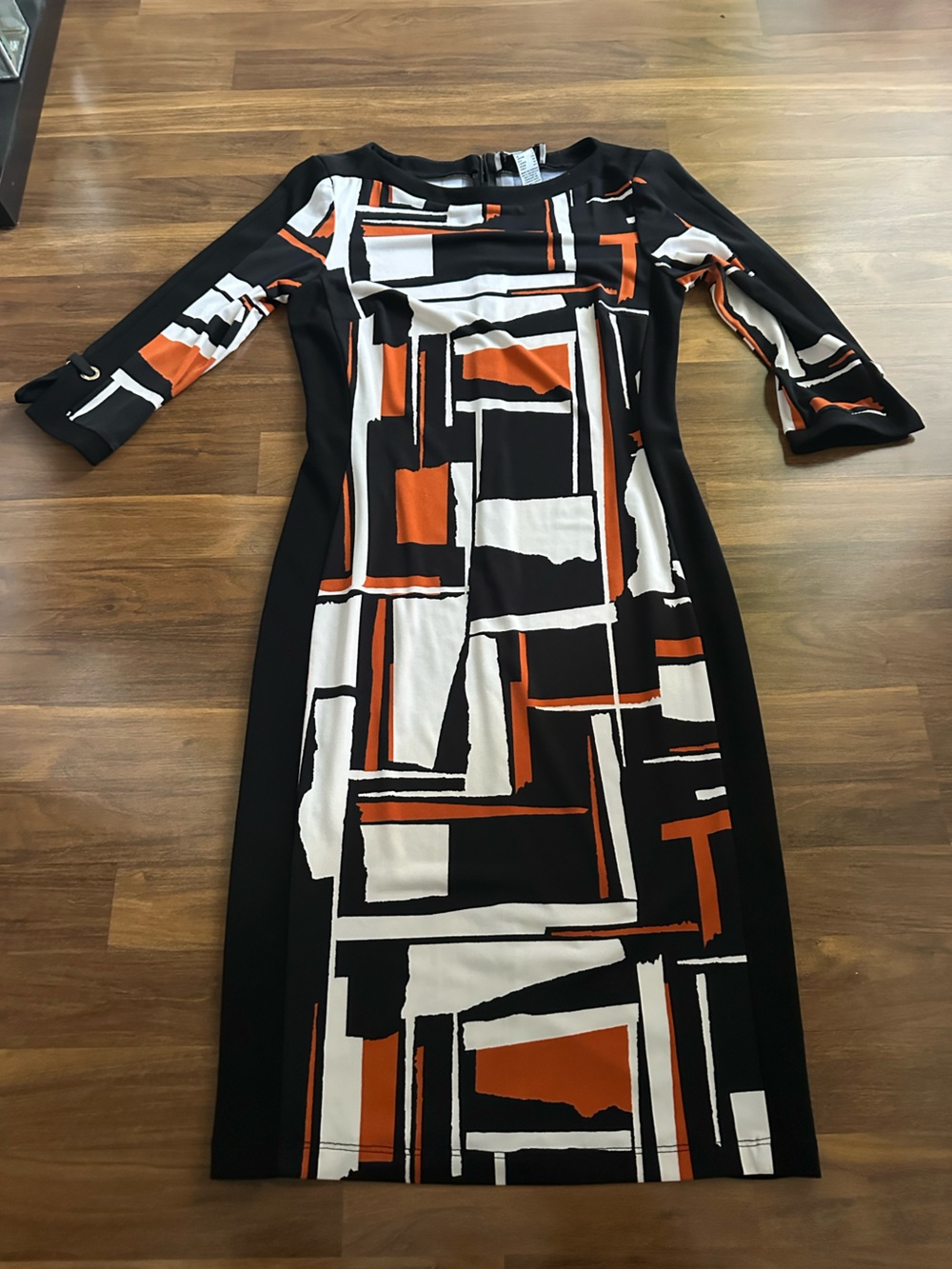 Joseph Ribkoff Black, White & Orange Geometric Long Sleeve Dress